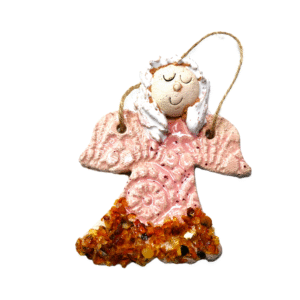 CERAMICZNY mały ANIOŁ wiszący z BURSZTYNEM rękodzieło na PREZENT *różowy*