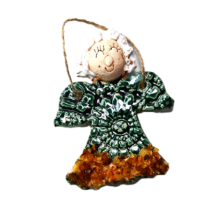 CERAMICZNY mały ANIOŁ wiszący z BURSZTYNEM rękodzieło na PREZENT *zielony*