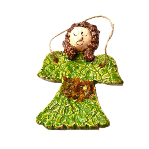 CERAMICZNY mały ANIOŁ wiszący z BURSZTYNEM rękodzieło na PREZENT *zielony*