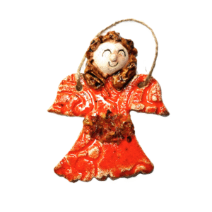 CERAMICZNY mały ANIOŁ wiszący z BURSZTYNEM rękodzieło na PREZENT *pomarańczowy*