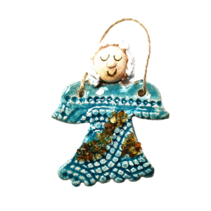 CERAMICZNY mały ANIOŁ wiszący z BURSZTYNEM rękodzieło na PREZENT *turkusowy*