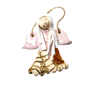 CERAMICZNY mały ANIOŁ wiszący z BURSZTYNEM rękodzieło na PREZENT *różowy*