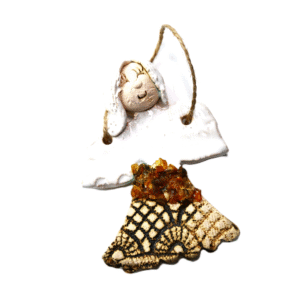 CERAMICZNY mały ANIOŁ wiszący z BURSZTYNEM rękodzieło na PREZENT *biały*