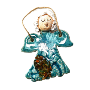 CERAMICZNY mały ANIOŁ wiszący z BURSZTYNEM rękodzieło na PREZENT *turkusowy*