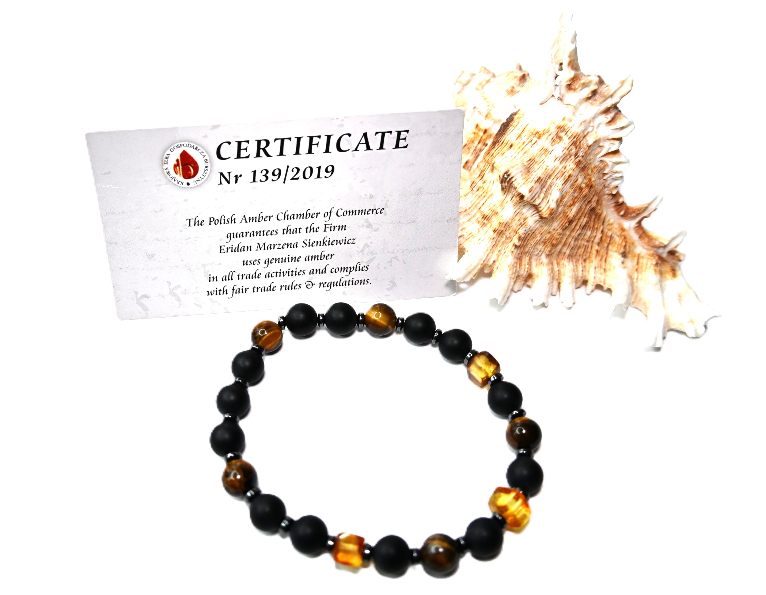 BRANSOLETKA męska z BURSZTYNEM hematyt ONYKS tygrysie oko NA PREZENT - 20,5cm - obrazek 3