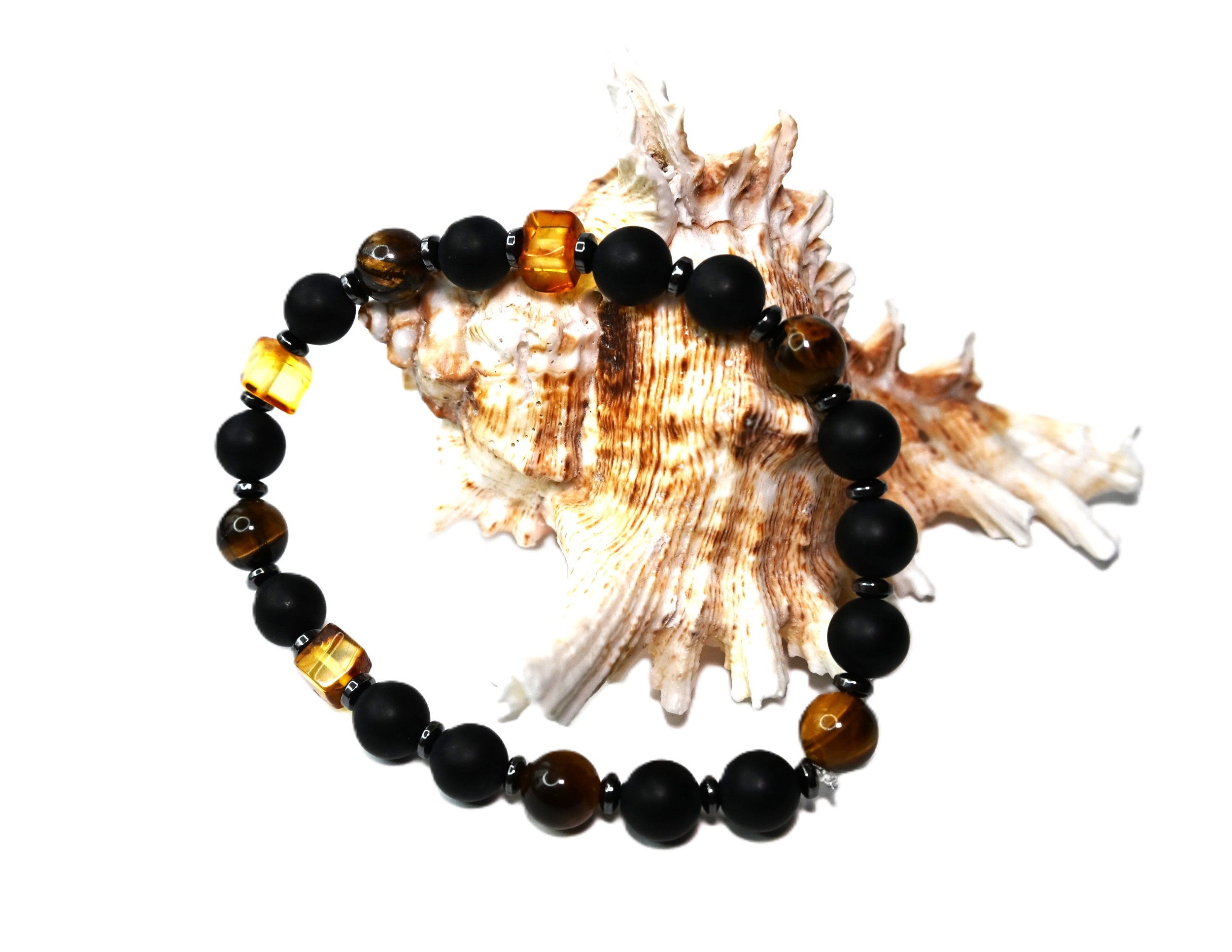 BRANSOLETKA męska z BURSZTYNEM hematyt ONYKS tygrysie oko NA PREZENT - 20,5cm - obrazek 4