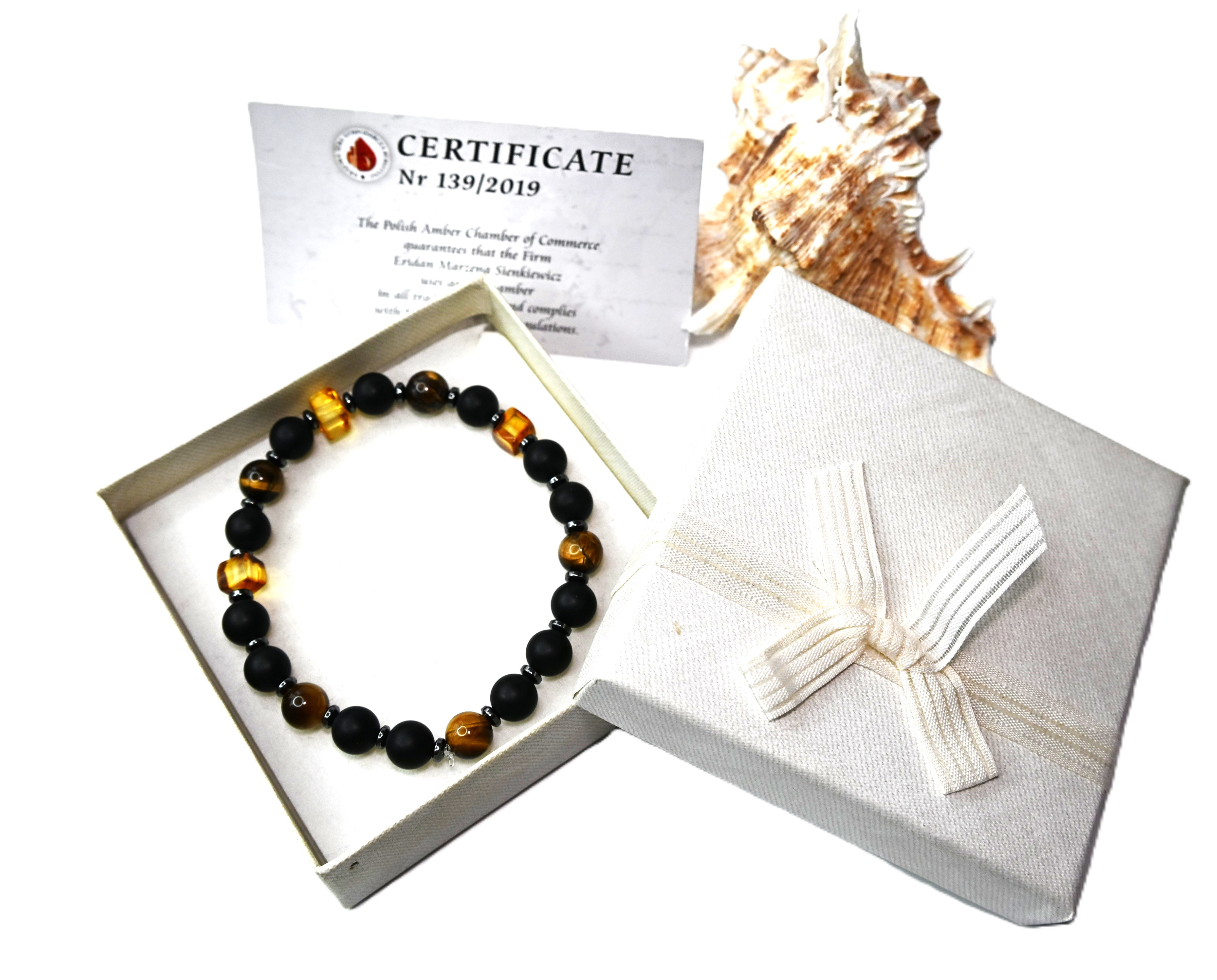 BRANSOLETKA męska z BURSZTYNEM hematyt ONYKS tygrysie oko NA PREZENT - 20,5cm - obrazek 7