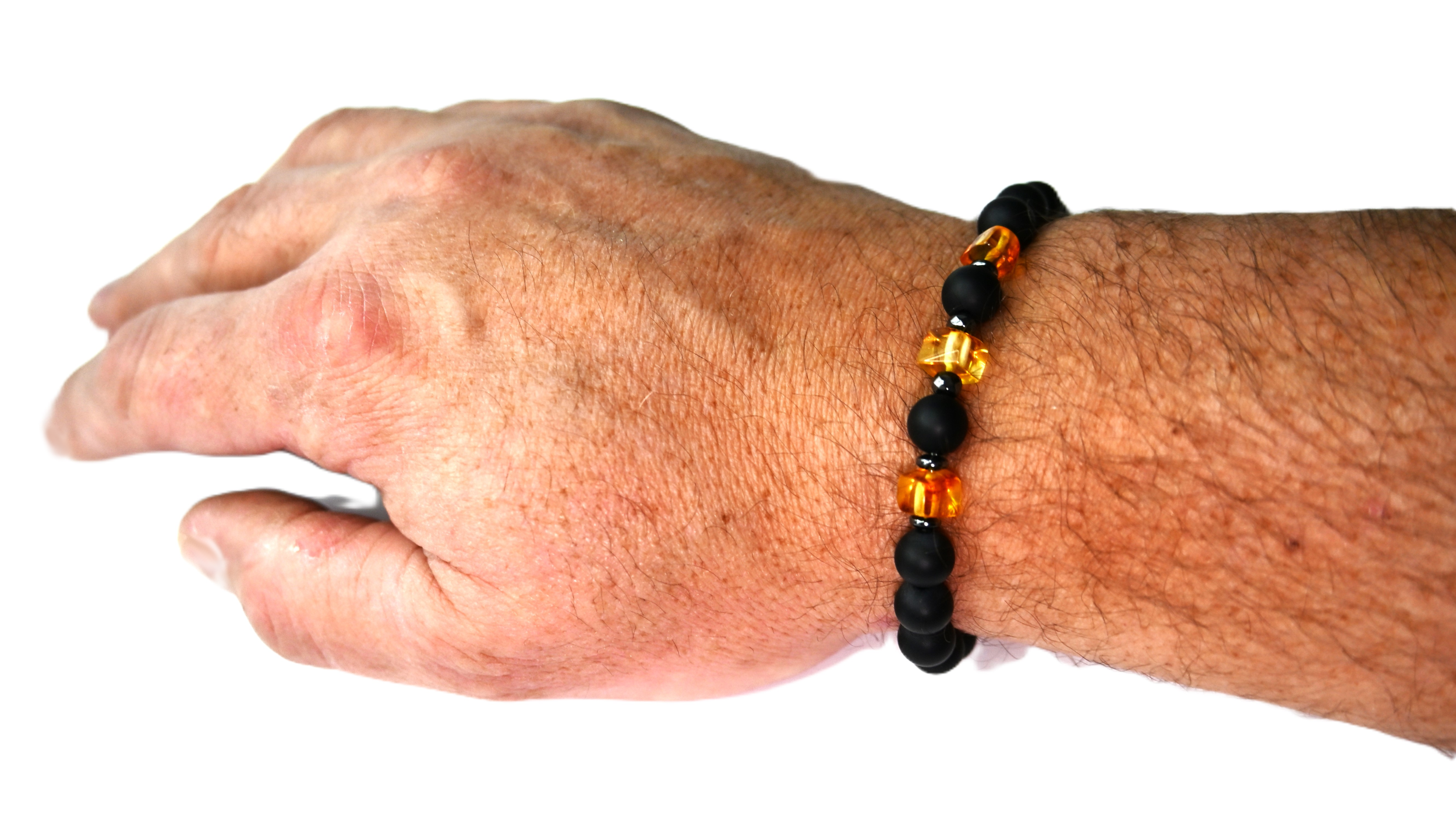 BRANSOLETKA męska z BURSZTYNEM hematyt ONYKS na PREZENT - 19,8cm - obrazek 5