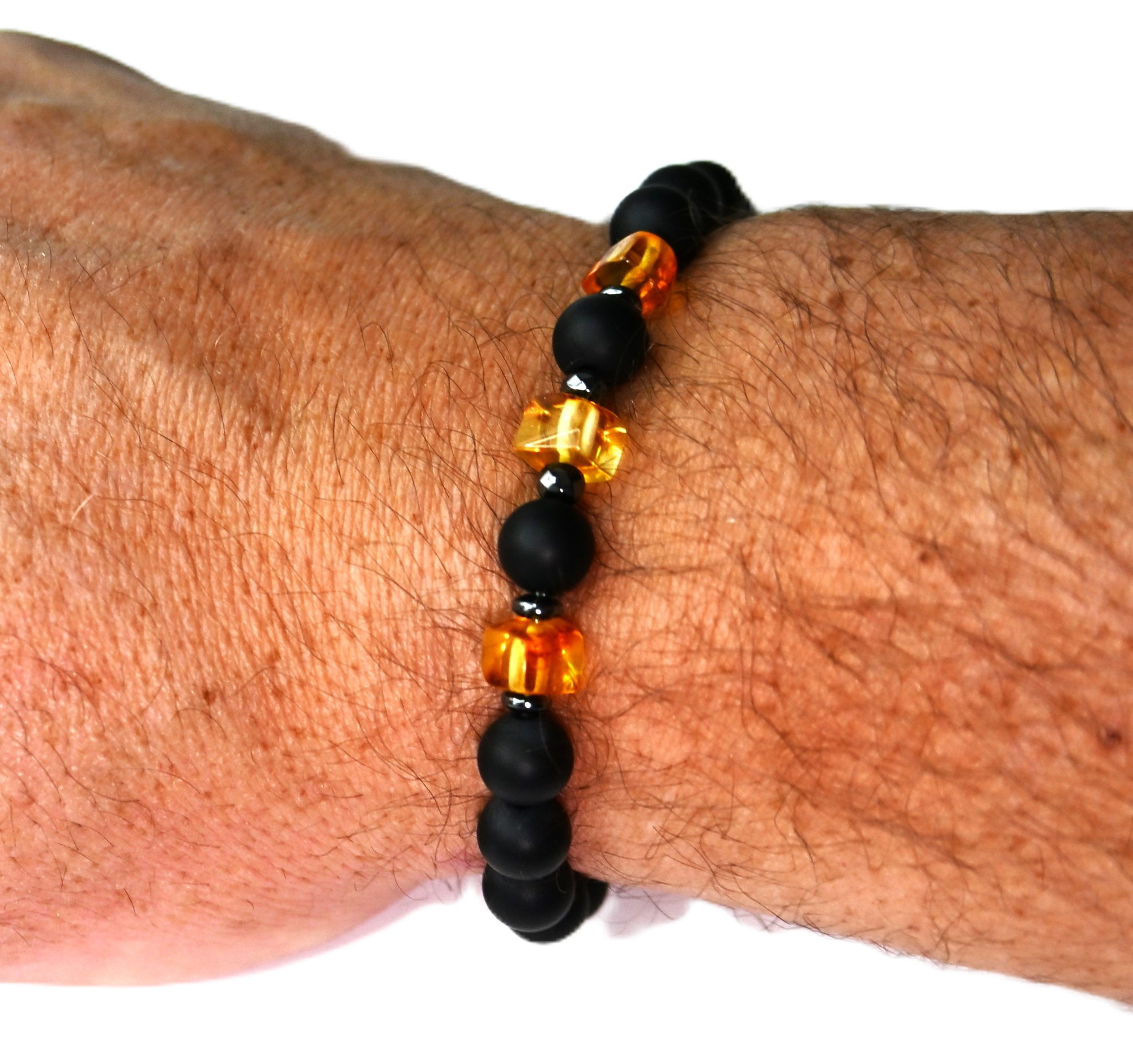 BRANSOLETKA męska z BURSZTYNEM hematyt ONYKS na PREZENT - 19,8cm - obrazek 6