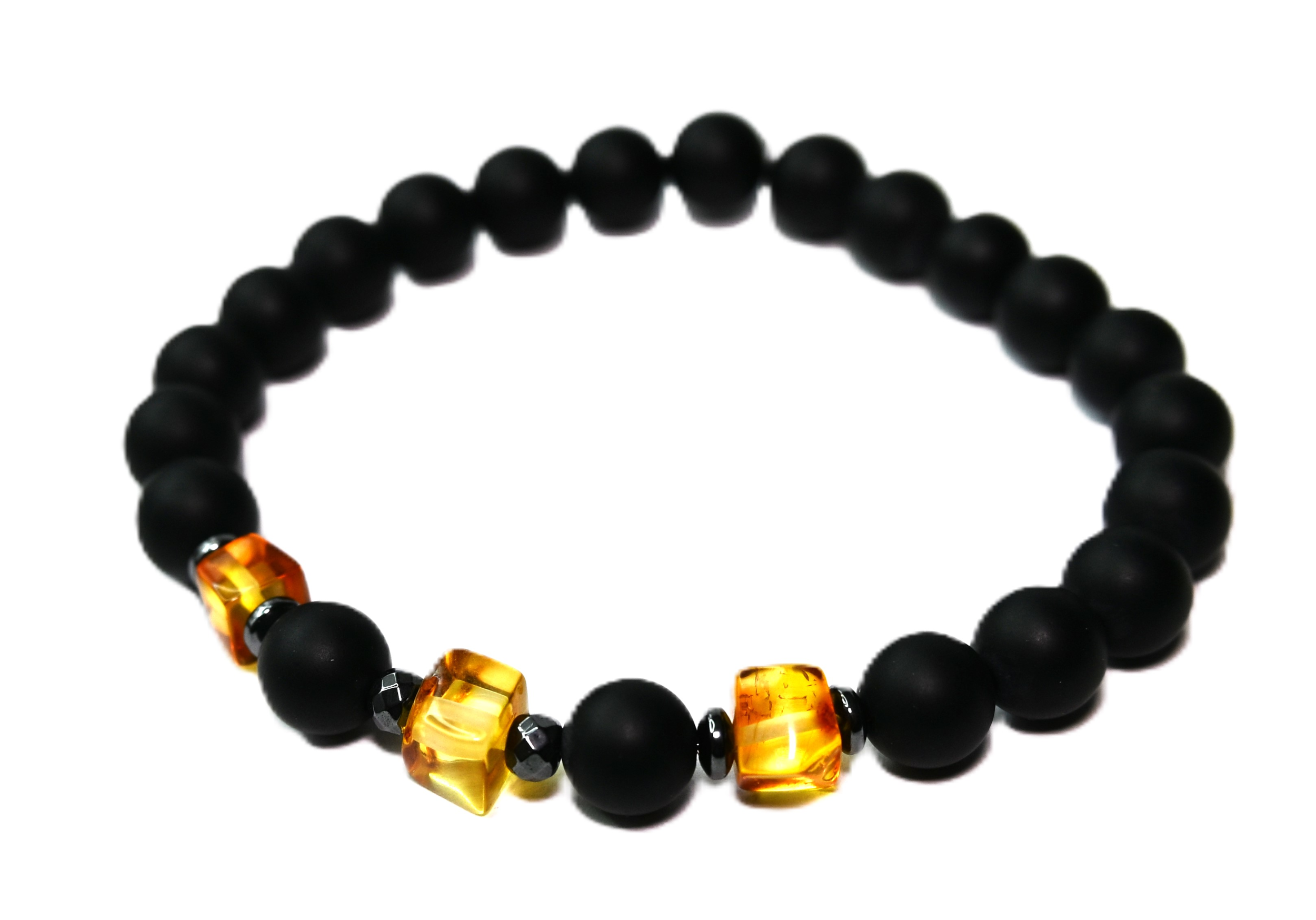 BRANSOLETKA męska z BURSZTYNEM hematyt ONYKS na PREZENT - 19,8cm - obrazek 7