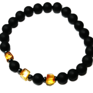 BRANSOLETKA męska z BURSZTYNEM hematyt ONYKS na PREZENT - 19,8cm