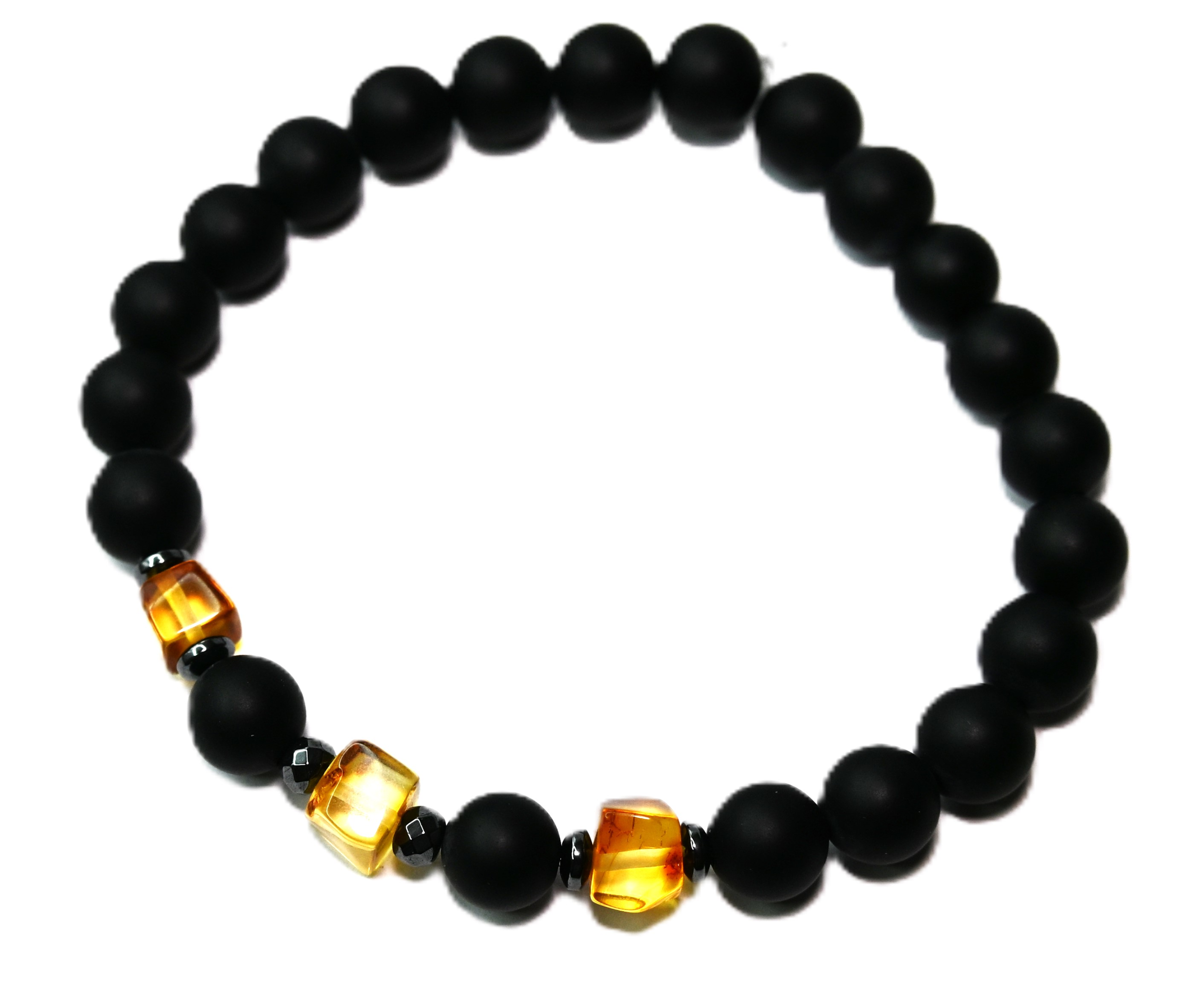 BRANSOLETKA męska z BURSZTYNEM hematyt ONYKS na PREZENT - 19,8cm