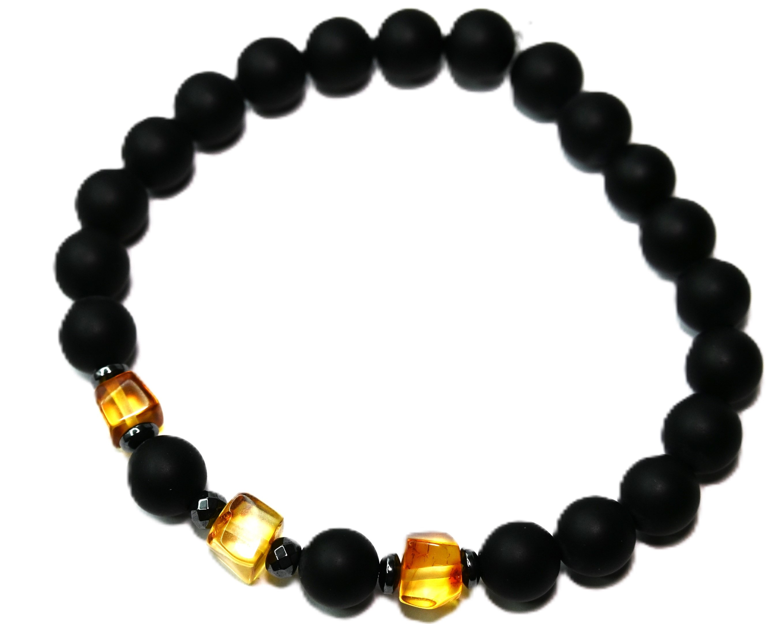 BRANSOLETKA męska z BURSZTYNEM hematyt ONYKS na PREZENT - 19,8cm - obrazek 2