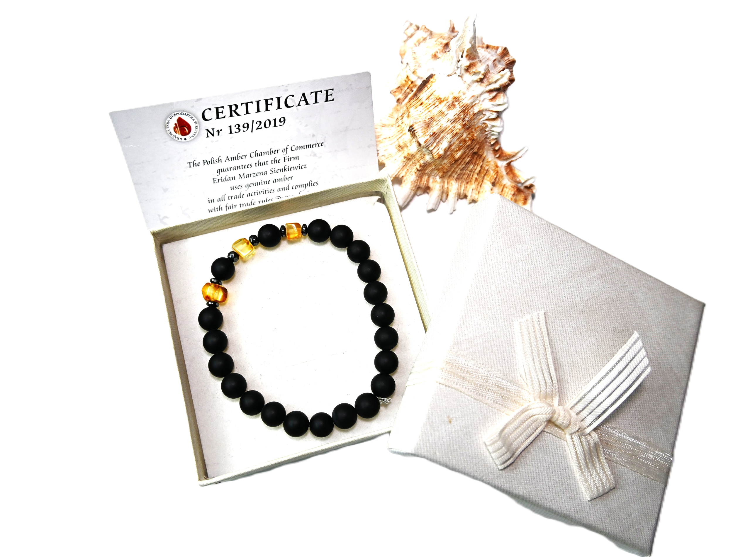 BRANSOLETKA męska z BURSZTYNEM hematyt ONYKS na PREZENT - 19,8cm - obrazek 8