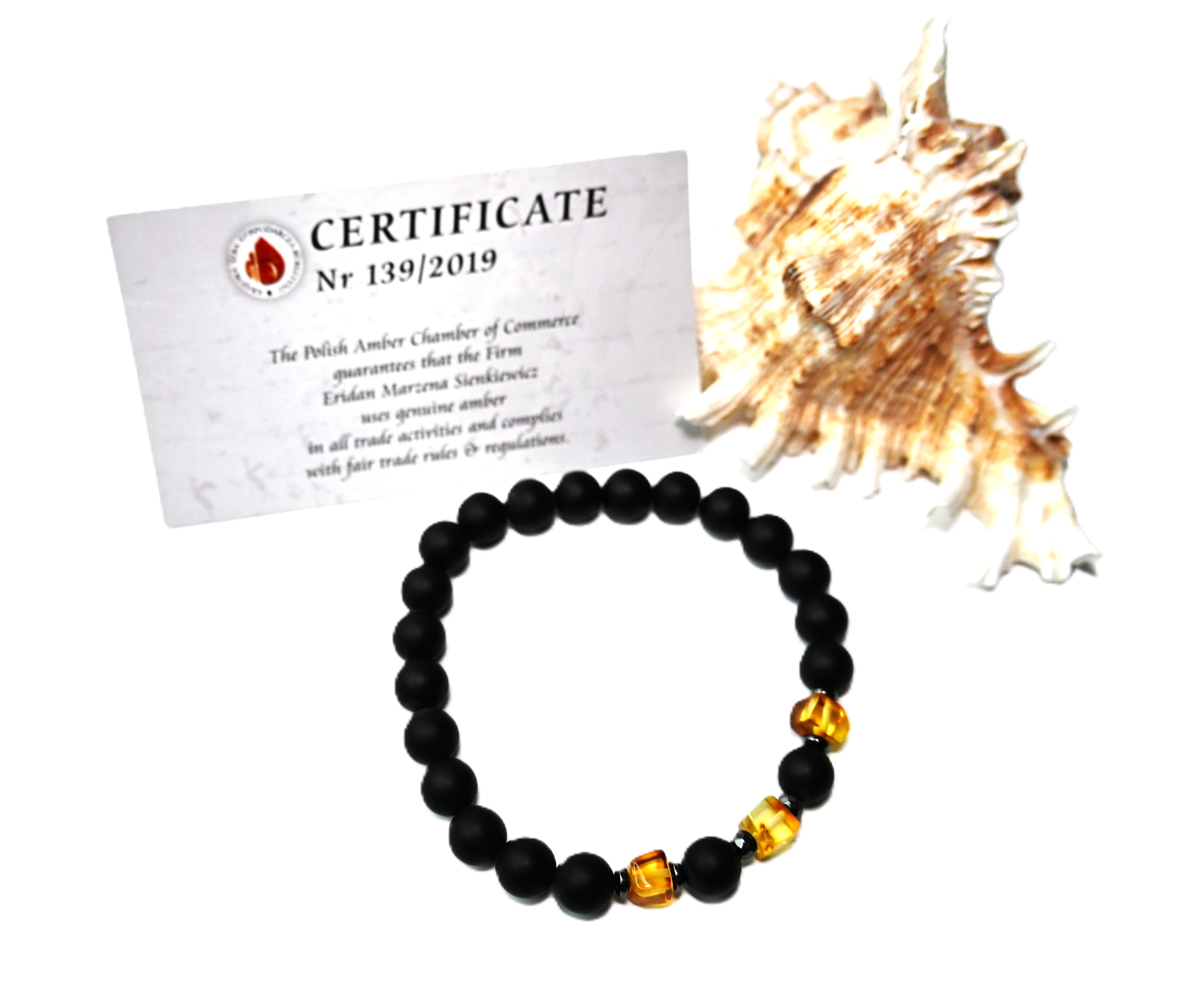 BRANSOLETKA męska z BURSZTYNEM hematyt ONYKS na PREZENT - 19,8cm - obrazek 3