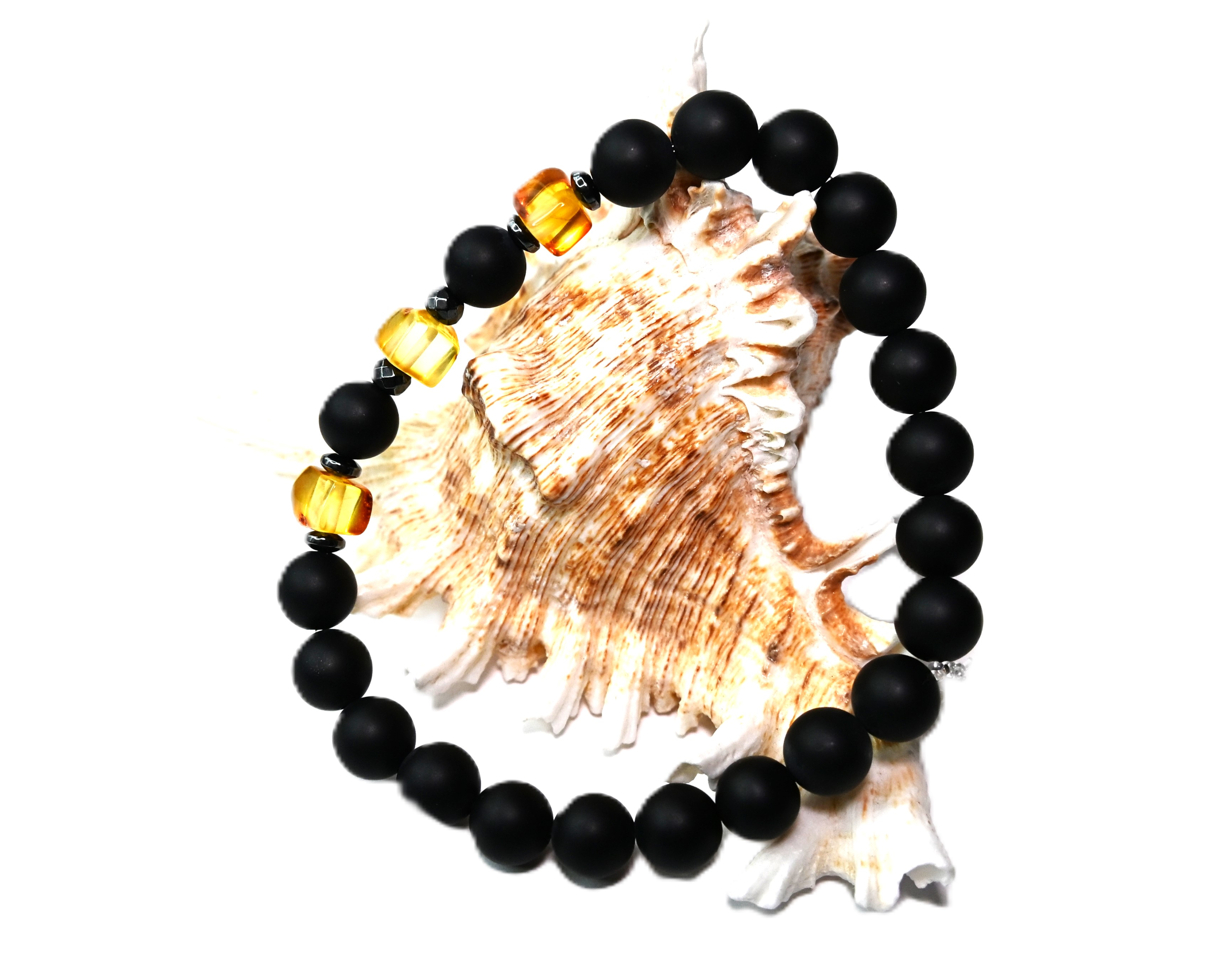 BRANSOLETKA męska z BURSZTYNEM hematyt ONYKS na PREZENT - 19,8cm - obrazek 4