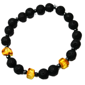 BRANSOLETKA męska z BURSZTYNEM hematyt LAWA WULKANICZNA na PREZENT - 19cm